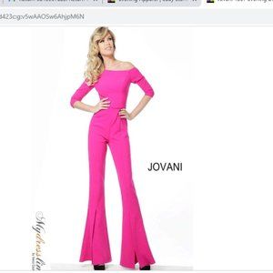 NWT JOVANI 1867 3/4 SLEEVE BELL PANT FUSCHIA JUMPSUIT SIZE 0  ** BARBIECORE**